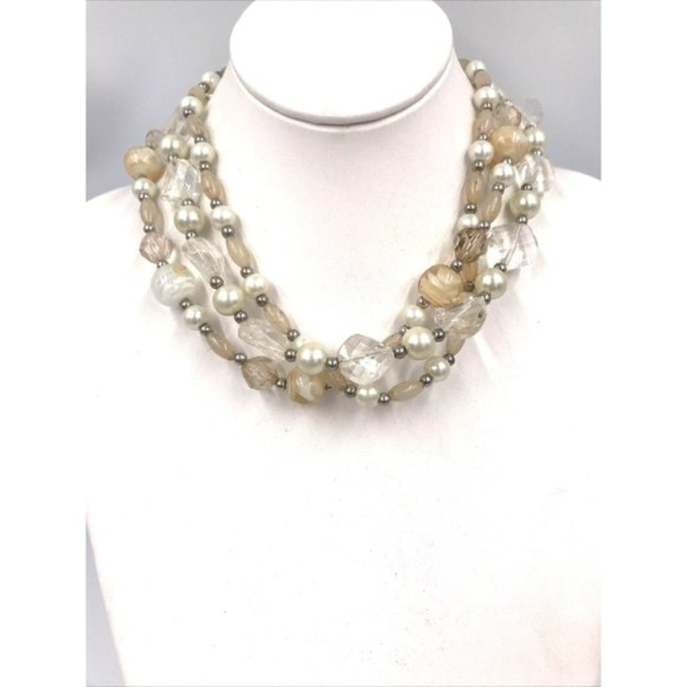 Crystal Faux Pearl Beads Statement Necklace 18" Acrylic tinted Neutral